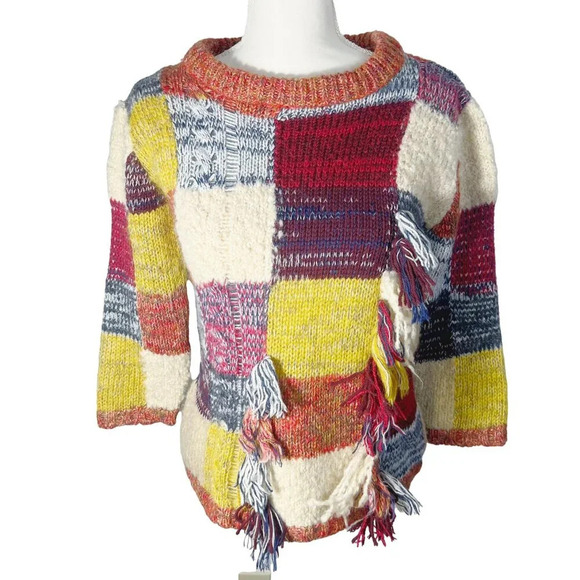 Anthropologie Artisan de Luxe Wool Blend Patchwork Fringe Sweater  Size S - Picture 1 of 6